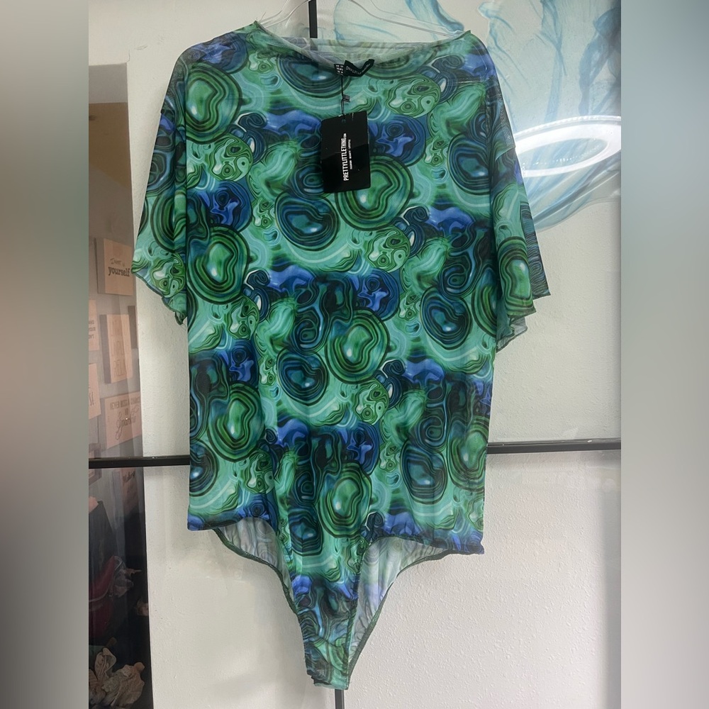 Sheer Green and Blue Patterned Bodysuit